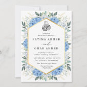Elegant Goud Bladeren Blauw Bloemen Moslim Bruilof Kaart (Voorkant)