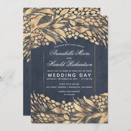 Elegant Goud Bladerwerk Lijst Bruiloft Kaart (Voorkant / Achterkant)