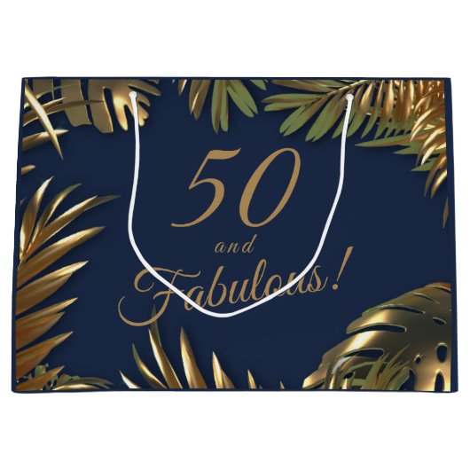 Elegant goud blauw 50 fantastische verjaardag groot cadeauzakje (Voorkant)