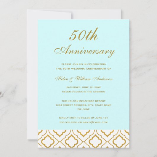 Elegant Goud & Blauw 50ste Huwelijksjubileum Kaart (Voorkant)