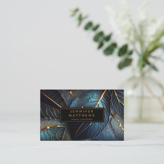 Elegant Goud Blauw Abstract Blad Visitekaartje (Staand voorkant)
