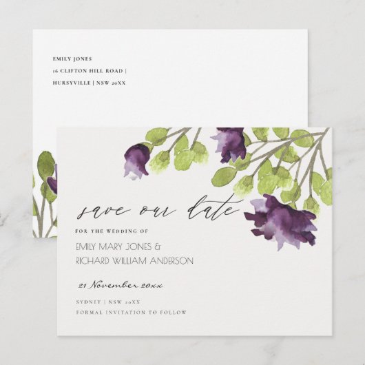 ELEGANT GOUD BLAUW AQUAREL FLORAL SAVE THE DATE AANKONDIGINGSKAART (Voorkant / Achterkant)