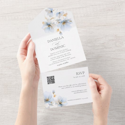 Elegant Goud Blauw Bloemen Wildbloemen QR Bruiloft All In One Uitnodiging (Afscheurbaar)