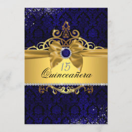 Elegant Goud Blauw Damast Quinceanera Uitnodigen Kaart