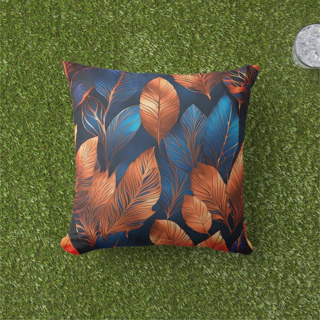 Elegant Goud Blauw Foliage Natuur Ontwerp Buitenkussen (Gras)