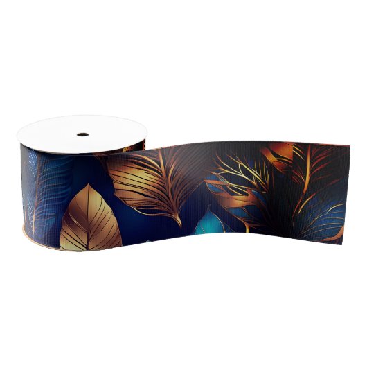 Elegant Goud Blauw Foliage Natuur Ontwerp Grosgrain Lint (Spoel)