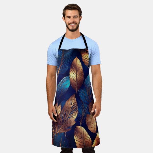 Elegant Goud Blauw Foliage Natuur Ontwerp Schort (Gedragen)