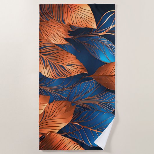 Elegant Goud Blauw Foliage Natuur Ontwerp Strandlaken (Voorkant)