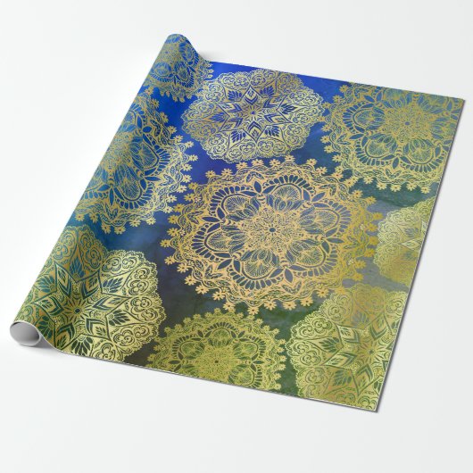 Elegant goud blauw groen mandala patroon cadeaupapier (Uitgerold)