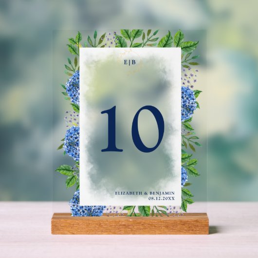 Elegant Goud Blauw Hydrangeas Monogram Bruiloft Acryl Bord (Neutraal)