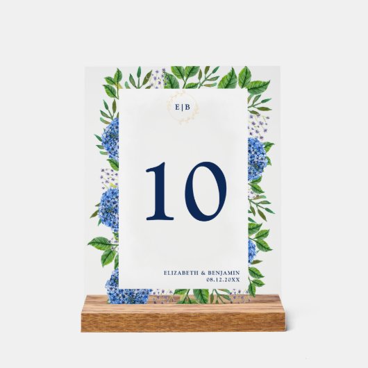 Elegant Goud Blauw Hydrangeas Monogram Bruiloft Acryl Bord (Voorkant)