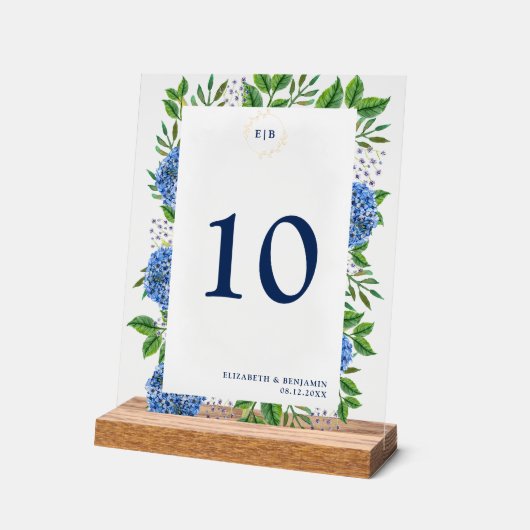 Elegant Goud Blauw Hydrangeas Monogram Bruiloft Acryl Bord (Hoek)