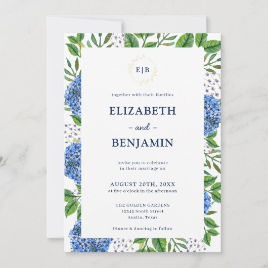 Elegant Goud Blauw Hydrangeas Monogram Bruiloft Kaart (Voorkant)