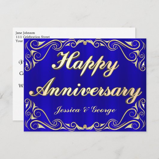 Elegant Goud & Blauw Jubileum Groet Briefkaart (Voorkant / Achterkant)