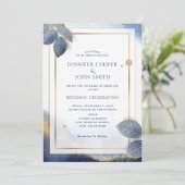 Elegant Goud Blauw Marmeren Botanische Bruiloft Kaart (Staand voorkant)