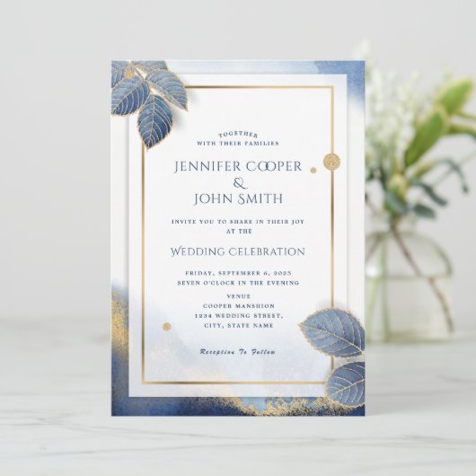 Elegant Goud Blauw Marmeren Botanische Bruiloft Kaart (Staand voorkant)