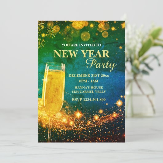 Elegant goud & blauw oudjaarsfeestje kaart (Staand voorkant)