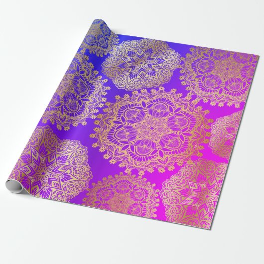 Elegant Goud Blauw Paarse Roze Mandala Patroon Cadeaupapier (Uitgerold)