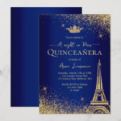 Elegant Goud Blauw Parijs Nachtthema Quinceanera Kaart (Voorkant / Achterkant)