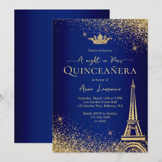 Elegant Goud Blauw Parijs Nachtthema Quinceanera Kaart (Voorkant / Achterkant)