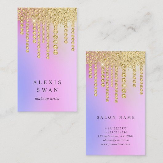 Elegant goud blauw roze diamanten make-up artiest visitekaartje (Voorkant / Achterkant)