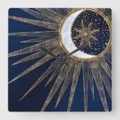 Elegant Goud & Blauw Zon Maan Mandala Doodles Art Vierkante Klok (Voorkant)