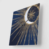 Elegant Goud & Blauw Zon Maan Mandala Doodles Art Vierkante Klok (Hoek)