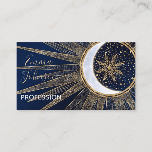 Elegant Goud & Blauw Zon Maan Mandala Doodles Art Visitekaartje (Voorkant)