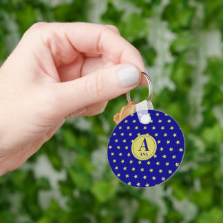 Elegant Goud & Blauwe Sterpatroon Monogram Sleutelhanger