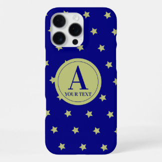 Elegant goud & blauwe sterrenpatroon monogram iPhone 16 pro max hoesje