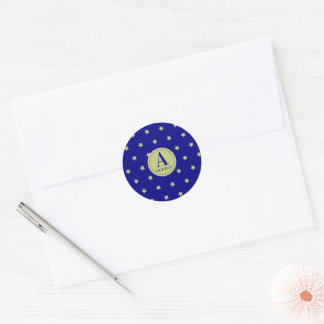Elegant goud & blauwe sterrenpatroon monogram ronde sticker