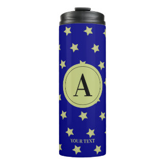 Elegant goud & blauwe sterrenpatroon monogram thermosbeker