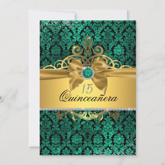 Elegant Goud Blauwgroen Damask Quinceanera Invite Kaart (Voorkant)