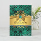 Elegant Goud Blauwgroen Damask Quinceanera Invite Kaart (Staand voorkant)