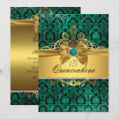 Elegant Goud Blauwgroen Damask Quinceanera Invite Kaart (Voorkant / Achterkant)