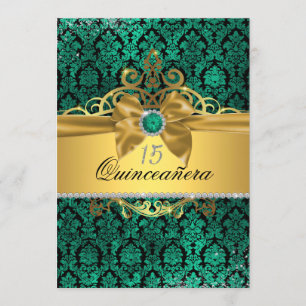 Elegant Goud Blauwgroen Damask Quinceanera Invite Kaart