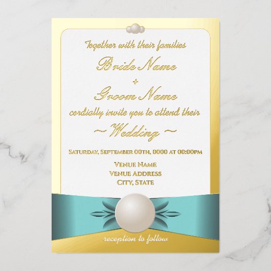 Elegant Goud & Blauwgroen Parel Lint Foto Bruiloft Folie Uitnodiging (Voorkant)