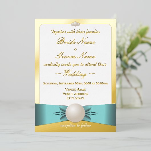 Elegant Goud & Blauwgroen Parel Lint Foto Bruiloft Folie Uitnodiging (Staand Voorkant)