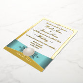 Elegant Goud & Blauwgroen Parel Lint Foto Bruiloft Folie Uitnodiging (Gedraaid)