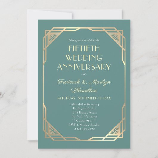 Elegant Goud Blauwgroen Vijftigste Bruiloft Jubile Kaart (Voorkant)
