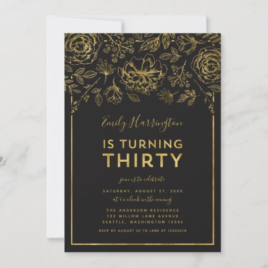 Elegant Goud Bloemen 30e Verjaardagsfeest Kaart (Voorkant)