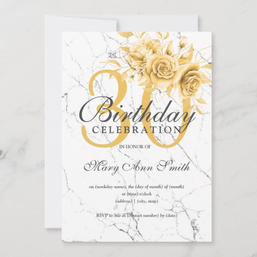 Elegant Goud Bloemen 30e Verjaardagsfeestje Marmer Kaart (Voorkant)