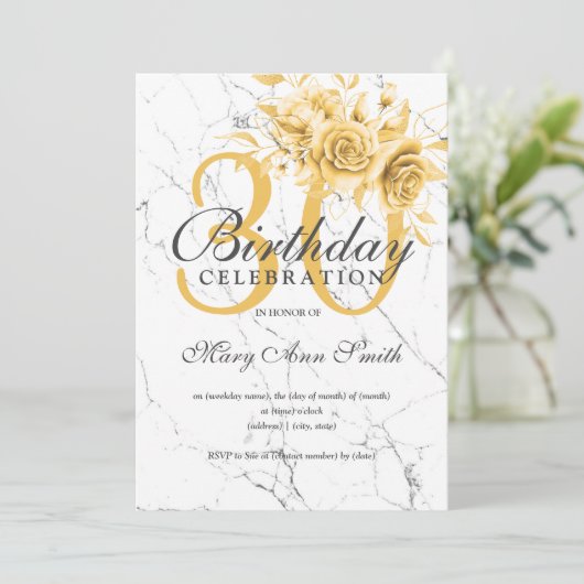 Elegant Goud Bloemen 30e Verjaardagsfeestje Marmer Kaart (Staand voorkant)