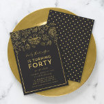 Elegant Goud Bloemen 40e Verjaardagsfeest Kaart<br><div class="desc">Elegante Bloemen 40e Verjaardagsfeestuitnodiging met faux gouden folie bloemen en rand tegen een donkergrijze achtergrond op de voorkant. Invitation heeft een faux gold polka dot patroon tegen een donkergrijze achtergrond achterkant. Personaliseer deze uitnodiging met uw gegevens door de plaatsaanduidingstekst te vervangen. Klik op de knop "Aanpassen" voor meer opties, zoals...</div>