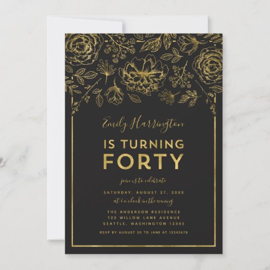 Elegant Goud Bloemen 40e Verjaardagsfeest Kaart (Voorkant)