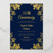 Elegant Goud Bloemen 50ste Bruiloft Jubileum Folie Uitnodiging (Voorkant)