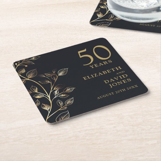 Elegant Goud Bloemen 50ste Bruiloft Jubileum Kartonnen Onderzetters (Schuin)