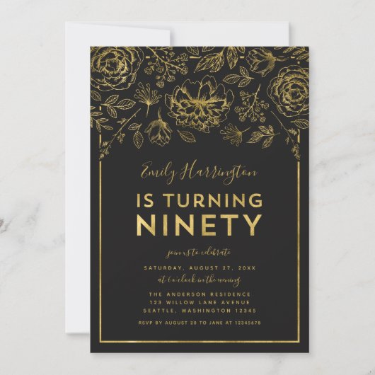 Elegant Goud Bloemen 90ste Verjaardagsfeestje Kaart (Voorkant)
