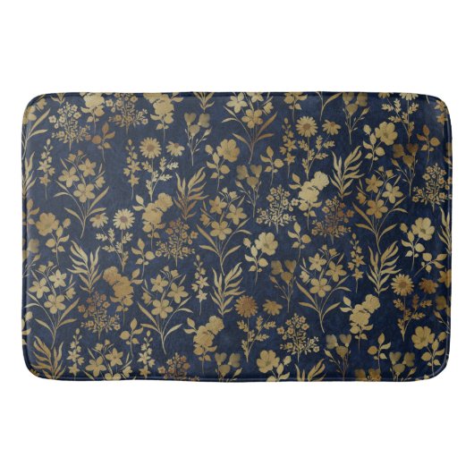 Elegant Goud Bloemen Blauw Botanisch Badmat (Voorkant)