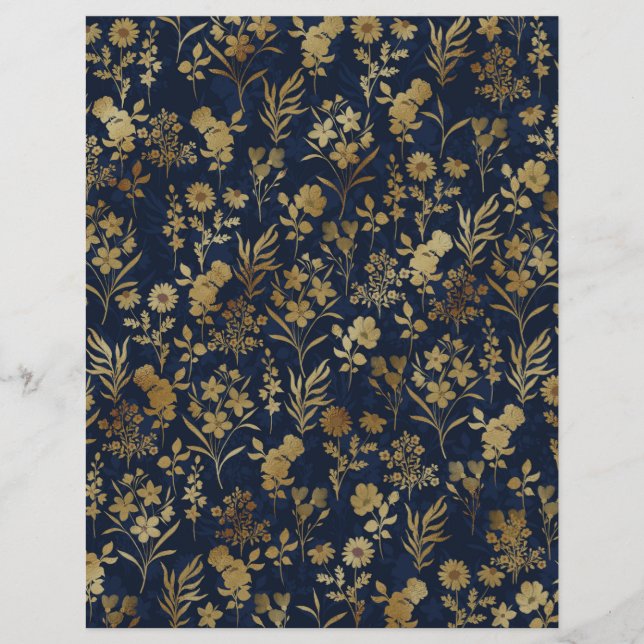 Elegant Goud Bloemen Blauw Botanisch Briefhoofd (Voorkant)